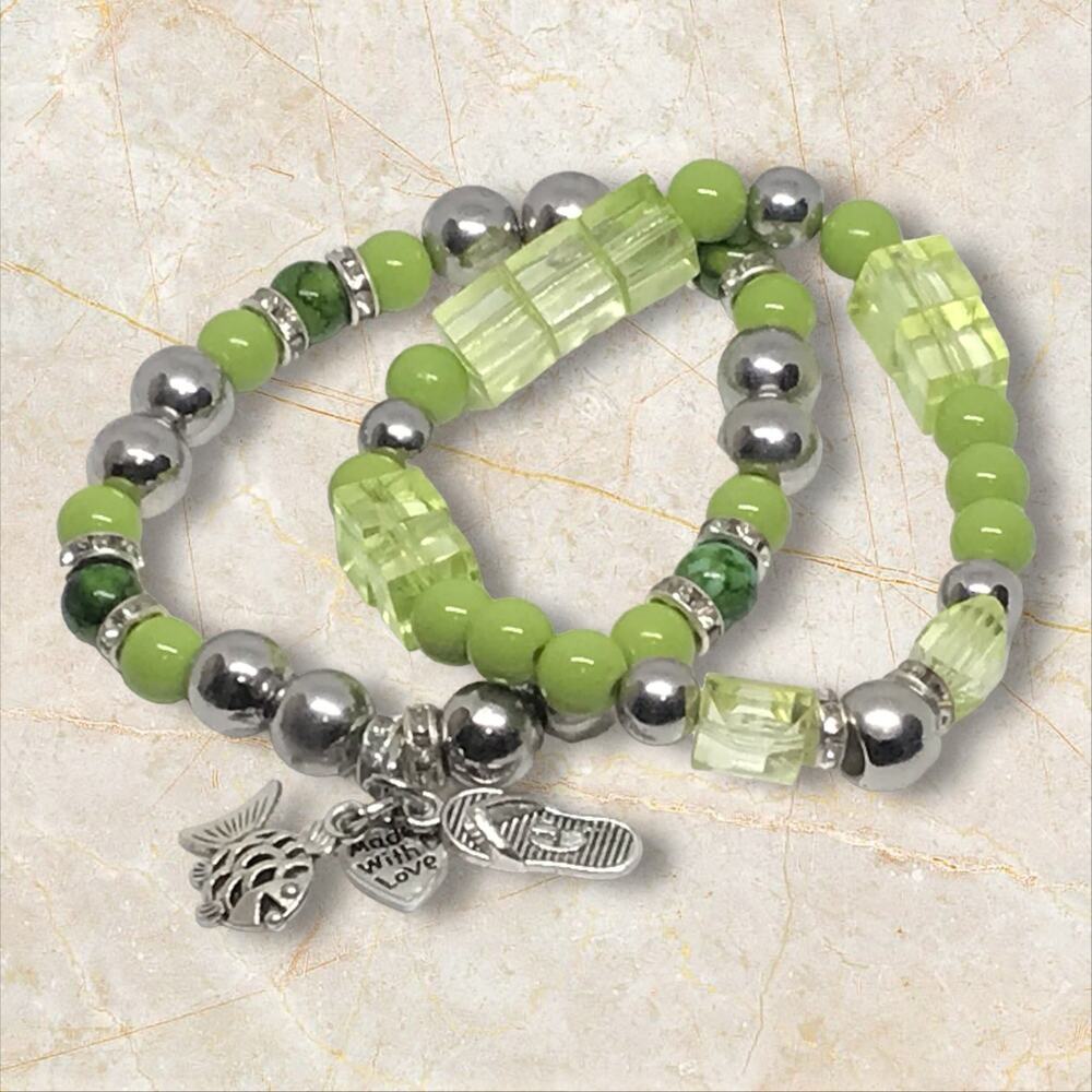 Handmade Beachy Vibes Bracelet Set Lime Green Silver Beads Unique Design Stretch